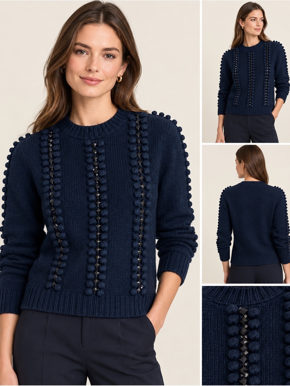 Tory Burch Navy Pom-Pom Trim Embellished Crewneck Sweater